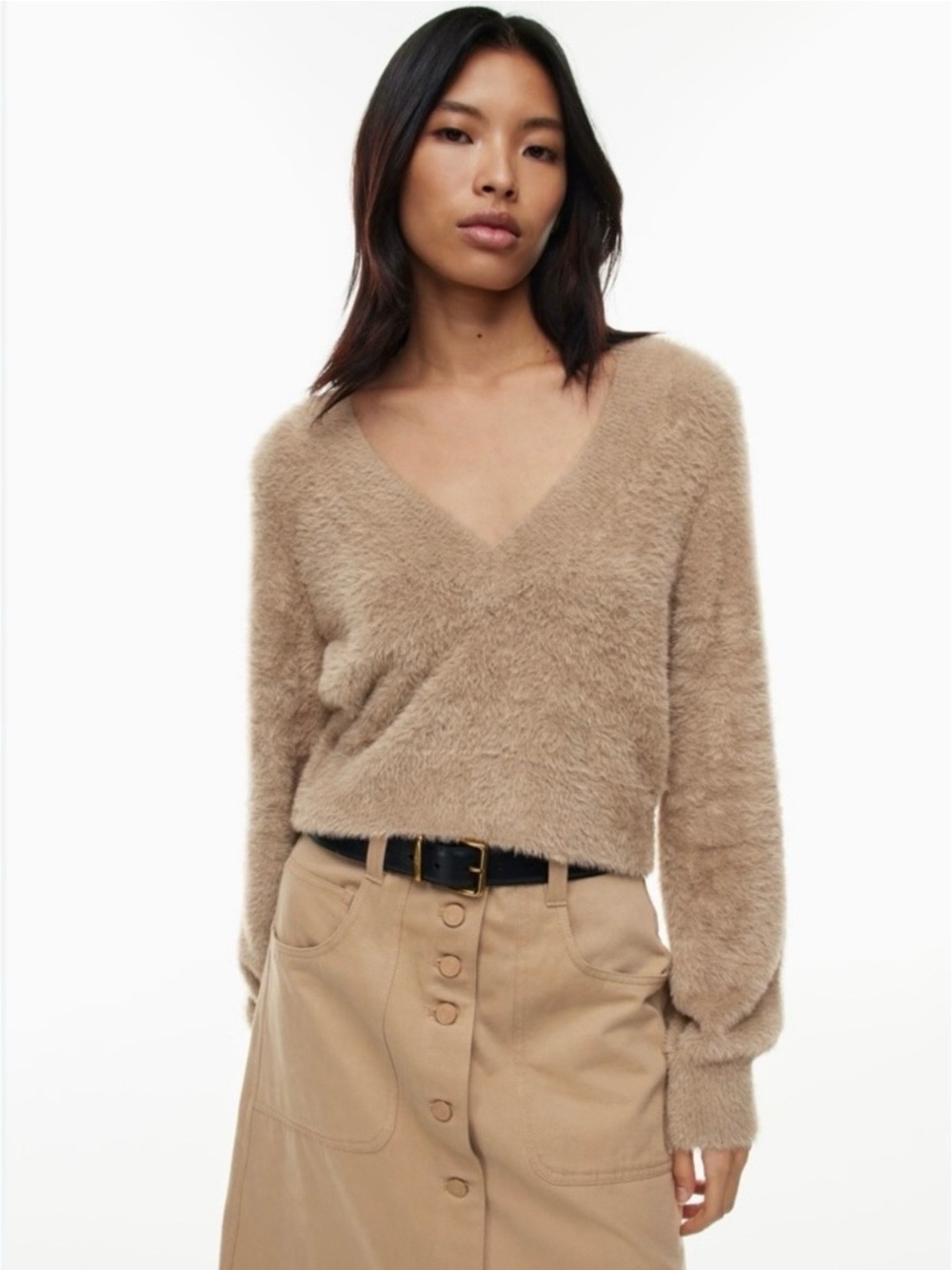 SUNDAY BEST Teddy Bear Kitten Fuzzy V-Neck Sweater Cropped Balloon Sleeves Large
